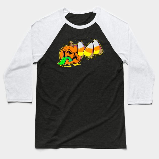 Spooky Creepy Halloween Evil Pumpkin Eating Candy Corn Baseball T-Shirt by SWIFTYSPADE